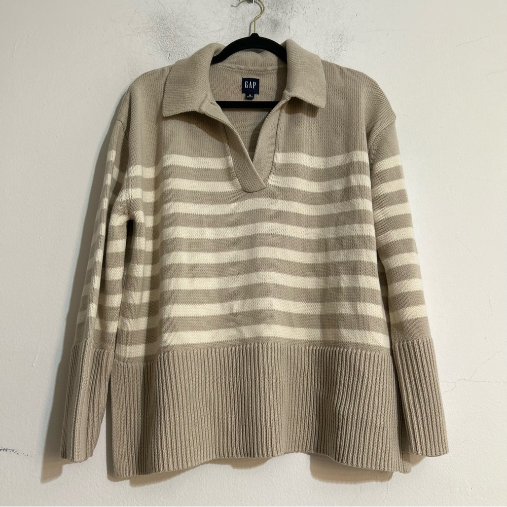 Gap 24/7 Split Hem Striped Polo Cotton Sweater Cobblestone Beige Medium Neutral